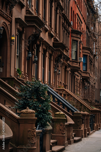 Iconic townhouse Brown stairs in Upper West Side neighborhood