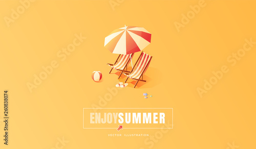 Summer. Vacation and travel concept. Umbrella, beach chair and a ball on the beach. Flat style vector illustration