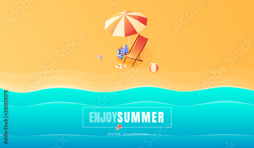 Summer. Vacation and travel concept. Umbrella, beach chair and a ball on the beach. Flat style vector illustration