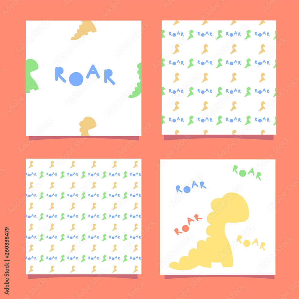 Funny yellow dinosaur. One seamless pattern for decoration of textiles, clothes, parties, birthday invitations. Yellow, green silhouette Dino and the inscription roar. Vector illustration