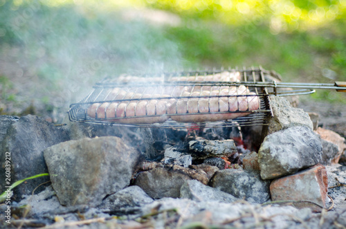 picnic with roasted sausages on red hot coals with smoky on a green natural background