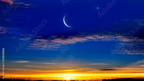 New moon. Prayer time. Generous Ramadan. Mubarak background. A decline or rising with clouds.