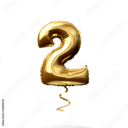 Number 2 gold foil helium balloon isolated on a white background. 3D Render