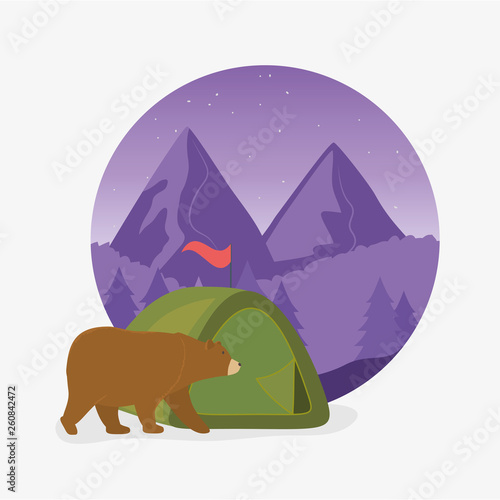 wanderlust label with landscape and bear grizzly scene