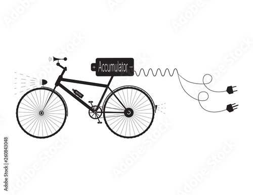 Black bicycle with accumulator and two type different electrical plug - vector illustration