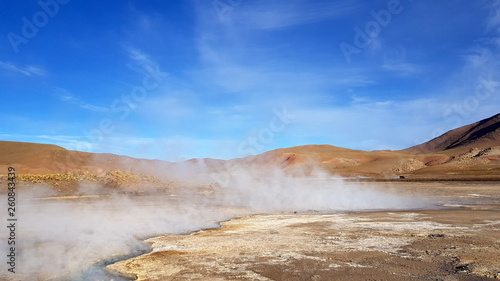 View of El Tatio geyser field located in the Andes Mountains of northern Chile near San Pedro de Atacama