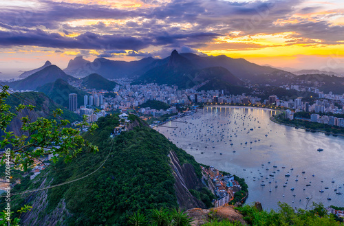 Sunset view of Corcovado, Botafogo and Guanabara bay in Rio de Janeiro. Brazil