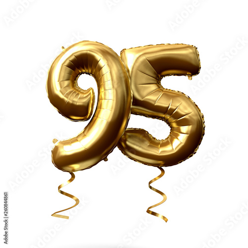 Number 95 gold foil helium balloon isolated on a white background. 3D Render
