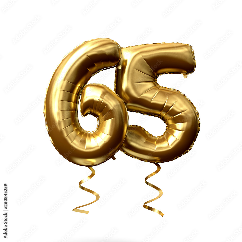Number 65 gold foil helium balloon isolated on a white background. 3D Render