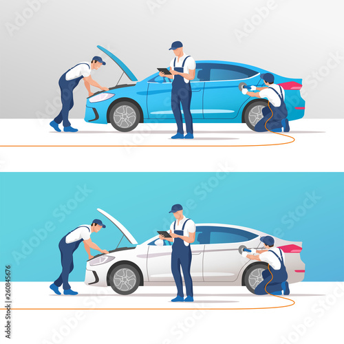 Auto service and repair. Car in maintenance workshop with mechanics team. Vector illustration.	