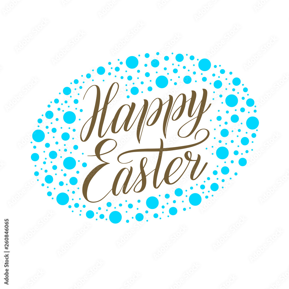 Happy Easter. Bronze script lettering on sky blue spotted background. Handwriting classical calligraphic cursive, oval frame,  polka dot ornament. Vector greeting card illustration.
