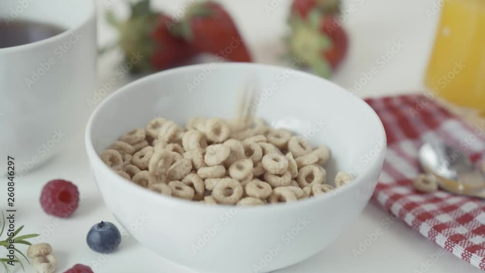 Pouring cereal rings into a white bowl in slow motion. Healthy lifestyle. Food and nutrition concept Pouring cereal rings into a white bowl in slow motion. Healthy lifestyle. Food and nutrition concept