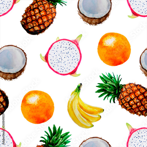 Fototapeta Naklejka Na Ścianę i Meble -  Watercolor bright fruit summer pattern, orange, pineapple, coconut, banana, pitahaya