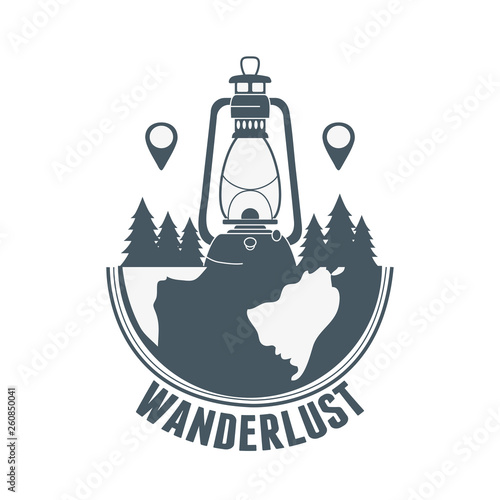 wanderlust label with forest scene and kerosene lamp