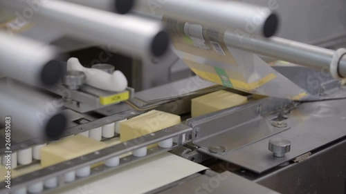 Conveyor line for cheese packaging process. Close up of cheese processing at food factory