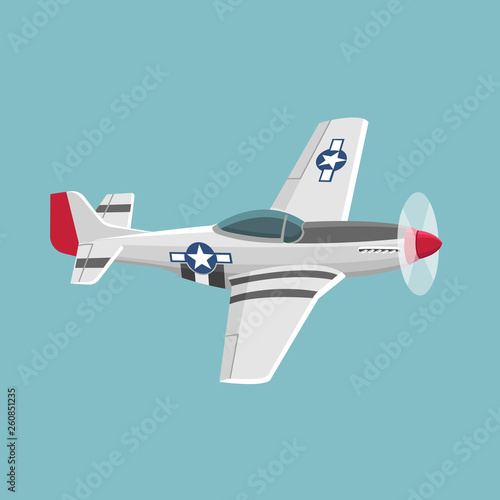 Legendary WWII american fighter aircraft. Single piston engine war machine vector illustration