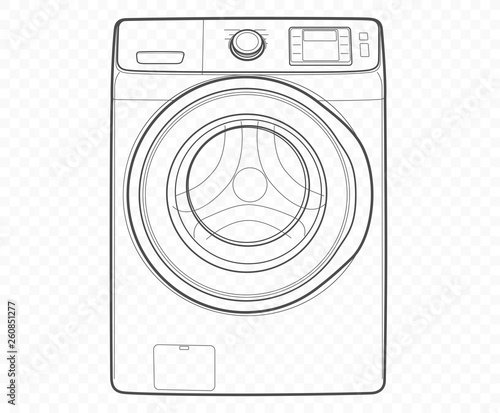 Vector contour washing machine isolated on transparent background. Outline realistic washer.