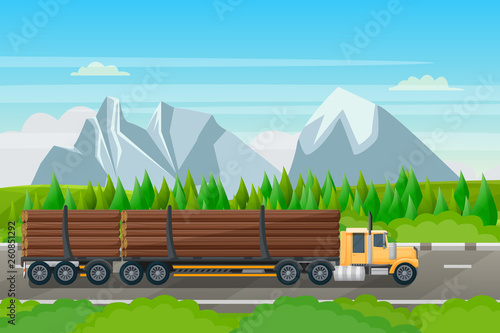 Forestry transportation industry, vector flat illustration. Logging truck with wood timber rides on forest road