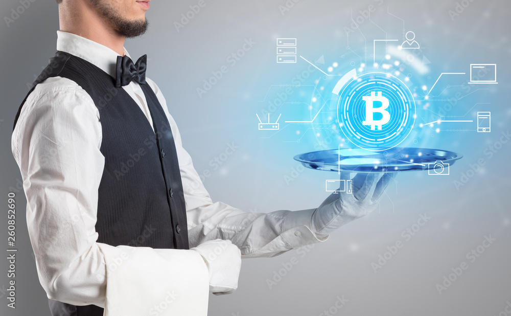 Waiter serving on a tray cryptocurrency and mining concept
Waiter serving on a tray cryptocurrency and mining concept