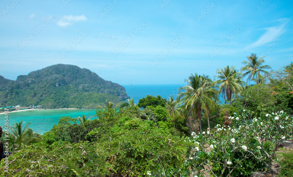Beautiful view of the island with thin isthmus and two bays. Green mountains and tropic plants. Tropical island in the ocean, Phi-Phi island. Thailand. Beautiful view of the island with thin isthmus and two bays. Green mountains and tropic plants. Tropical island in the ocean, Phi-Phi island. Thailand.
