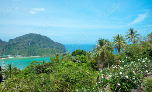 Beautiful view of the island with thin isthmus and two bays. Green mountains and tropic plants. Tropical island in the ocean  Phi-Phi island. Thailand.