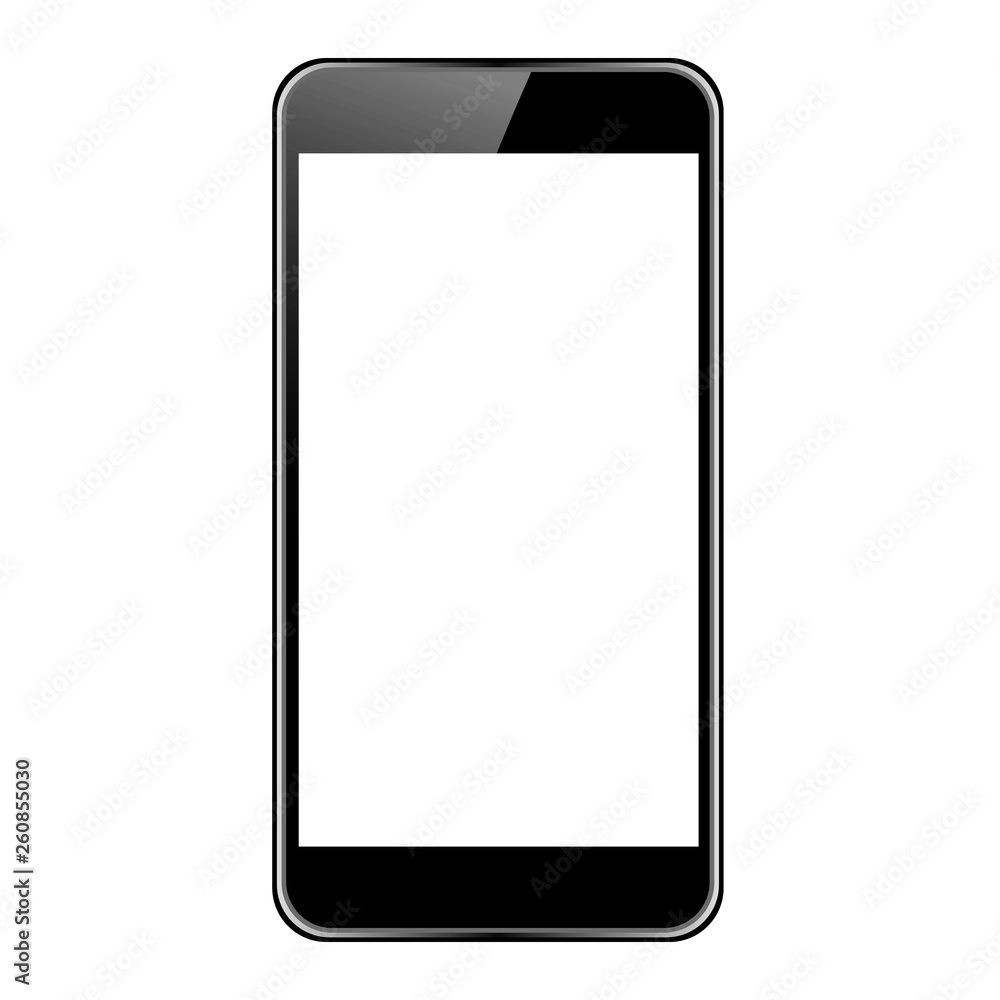 Black smartphone with glare and blank screen on white background. The layout of the phone with a blank screen. Black smartphone with glare and blank screen on white background. The layout of the phone with a blank screen.