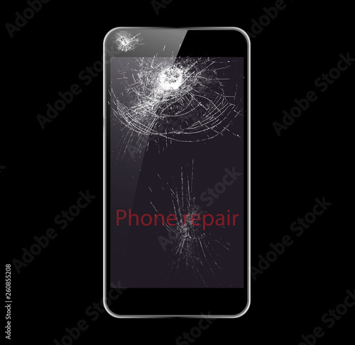 Black smartphone with broken screen on black background. The layout of the phone with a broken screen.Phone repair concept