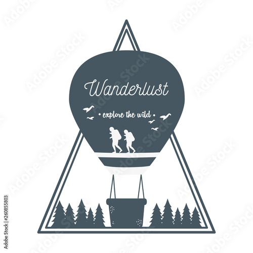 wanderlust label with forest scene and balloon air hot
