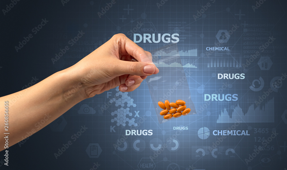 Obraz premium Naked hand gives chemicals in vacuum plastic bag with scholarly concept