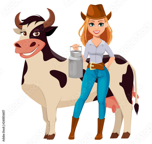 Young pretty farmer woman in cowboy hat
