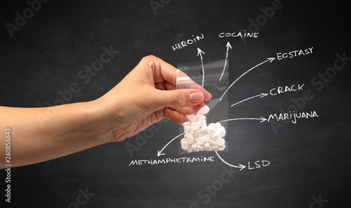 Hand with pills in plastic bag and blackboard wallpaper