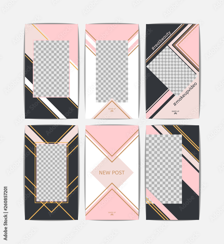 6 editable layout templates for social media stories, mobile apps or flyer design. Social media pack with gold and pink geometric shapes 6 editable layout templates for social media stories, mobile apps or flyer design. Social media pack with gold and pink geometric shapes