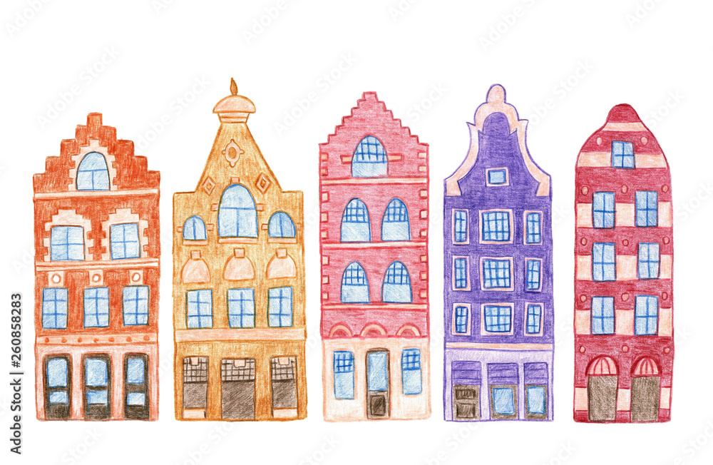 european old city houses hand drawn illustration