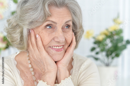 Close up portrait of happy beautiful senior woman portrait at home