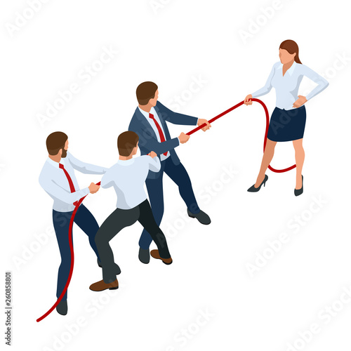 Isometric businessmen and businesswomen in suit pull the rope, competition, conflict. Tug of war and symbol of rivalry.