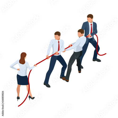 Isometric businessmen and businesswomen in suit pull the rope, competition, conflict. Tug of war and symbol of rivalry.
