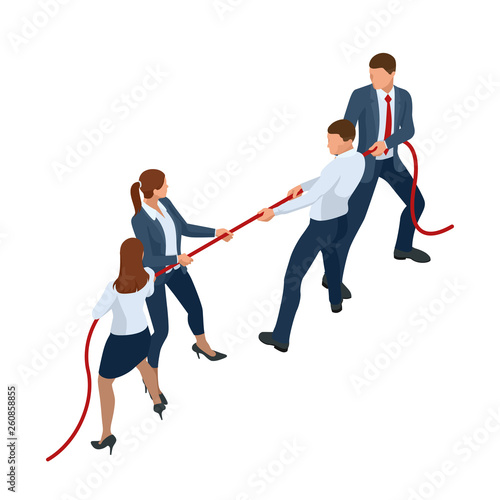 Isometric businessmen and businesswomen in suit pull the rope, competition, conflict. Tug of war and symbol of rivalry.