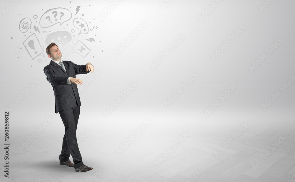 Sleeping sickness young businessman with questions, staffs in his head Sleeping sickness young businessman with questions, staffs in his head