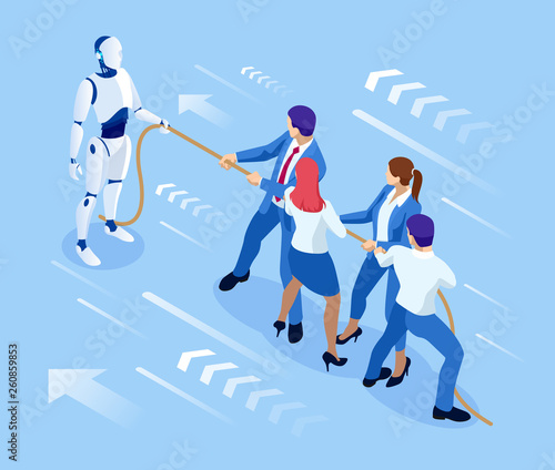 Isometric business people and robot fighting with artificial intelligence in suit pull the rope, competition, conflict. Tug of war and symbol of rivalry. People against machine.