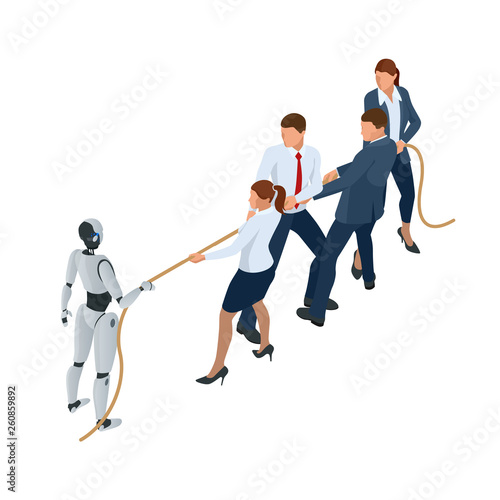 Isometric business people and robot fighting with artificial intelligence in suit pull the rope, competition, conflict. Tug of war and symbol of rivalry. People against machine.