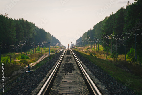 Mystic train travels by rail along forest. Railway traffic light and locomotive on railroad in distance. Mirage on railway track. Atmospheric landscape.