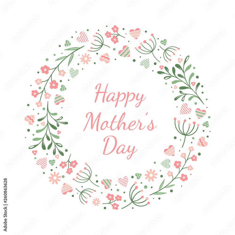 Happy Mother's Day greeting card with a wreath of multicolored flowers with golden leaves
