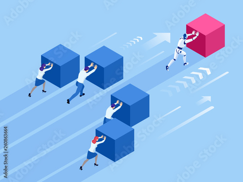 Business and robot people pushing cubes. Robot easily moving the cube. Humans VS robots. Winning strategy, efficiency, innovation in business concept.
