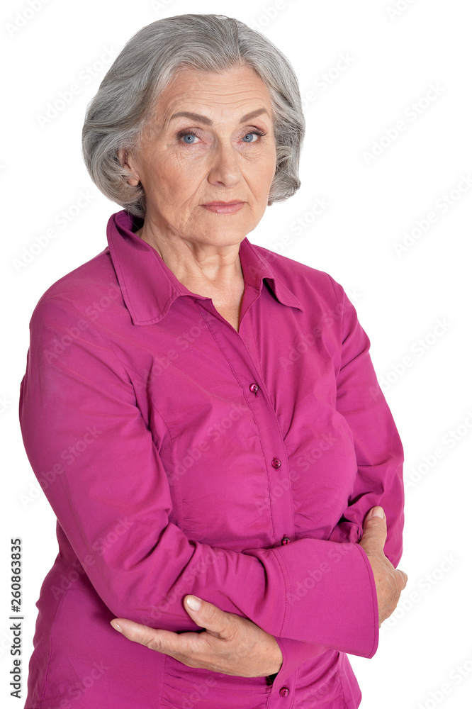 Close up portrait of sad senior woman isolated on white background Close up portrait of sad senior woman isolated on white background