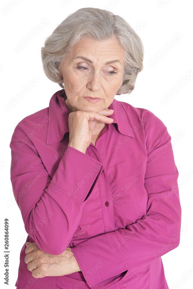 Close up portrait of sad senior woman isolated on white background Close up portrait of sad senior woman isolated on white background