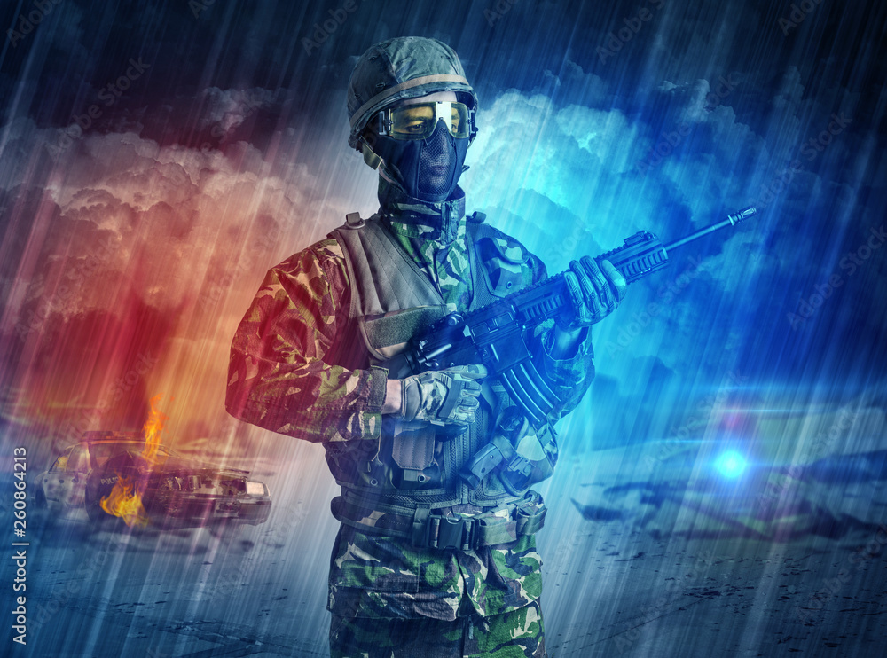 Armed soldier with sniper in the middle of a dust storm
Armed soldier with sniper in the middle of a dust storm