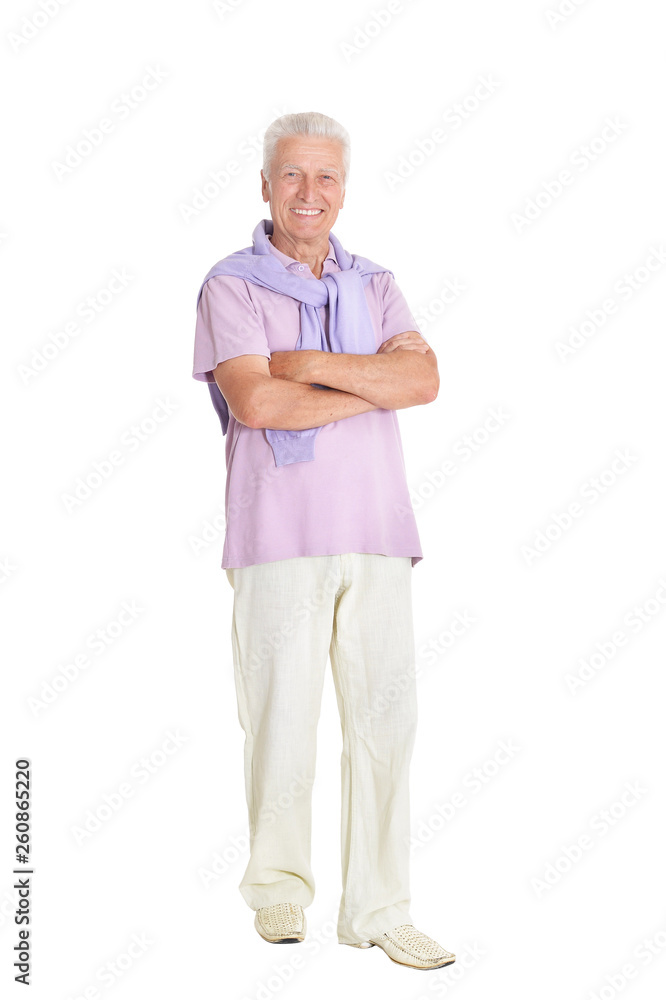 Portrait of happy senior man in purple shirt on white background Portrait of happy senior man in purple shirt on white background