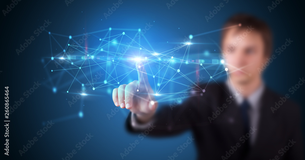 Man touching hologram screen displaying modern web system
Man touching hologram screen displaying modern web system