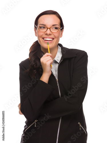 Mixed Race Businesswoman Holding Pencil Looking To The Side Isolated on a White Background