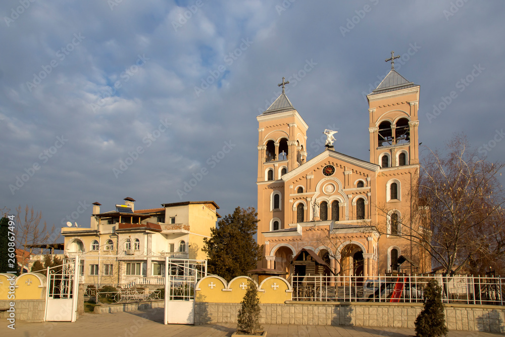 Sunset view of The Roman Catholic church of St Michael the Archangel in town of Rakovski, Bulgaria